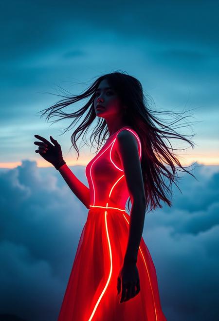 (Soft Lighting Photography by Mimoza Veliu and Mario Giacomelli:1.4),NSFW, neon dress, neon_outlines, 1 girl, (wind:1.3), full body, long hair, A futuristic woman, her silhouette defined by vibrant neon lines, stands amidst a swirling storm. Her eyes, filled with intense emotion, gaze towards a distant horizon. The scene captures a poignant moment of farewell, framed in a cinematic style. The atmosphere is charged with the electric buzz of the future, yet tinged with the melancholy of memories fading into the past., glove, dynamic poses, sexy