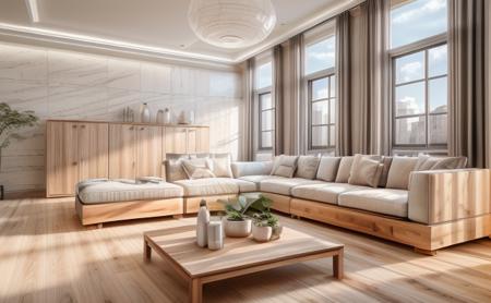 (ultra realistic), masterpiece, best quality, super detailed, ultra high res, raw photo, 8k,
living room lukhshad aj in the apartment, in the style of modern, monochromatic serenity, super detailed, concrete, white, wooden table, (light gray fabric sofa), fabric pilows, wooden flooring, wooden modular cabinet, backlight, white wall, (white ceiling), soft sunlight, window,
 <lora:Modern wooden living room - PHK:0.4>