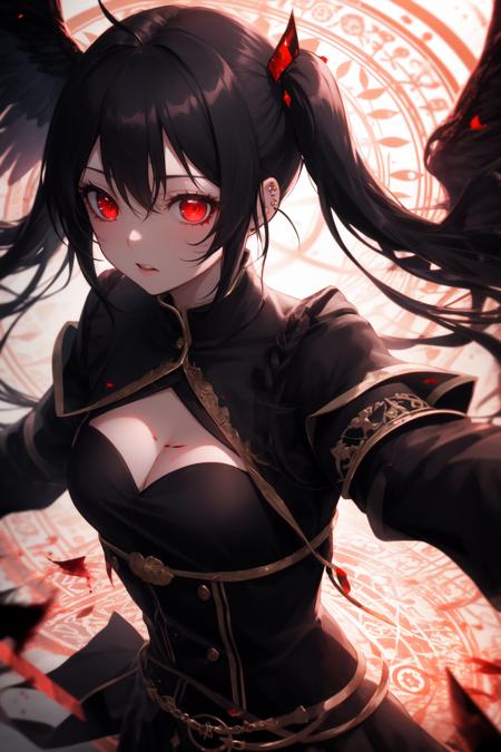 (masterpiece, best quality, ultra-detailed, best shadow), (detailed background,dark_fantasy), (beautiful detailed face), High contrast, (best illumination, an extremely delicate and beautiful), ((cinematic light)), colorful, hyper detail, dramatic light, intricate details, (1 girl, solo,black hair, sharp_face,low twintails,red eyes, hair between eyes,Torn_wings,piercing,dynamic angle, holding chein), blood splatter, swirling black light around the character, depth of field,black light particles,(broken glass),((magic circle)),