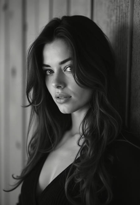 26 y.o. woman, portrait, buste, middle angle, head + bust, monochrome
