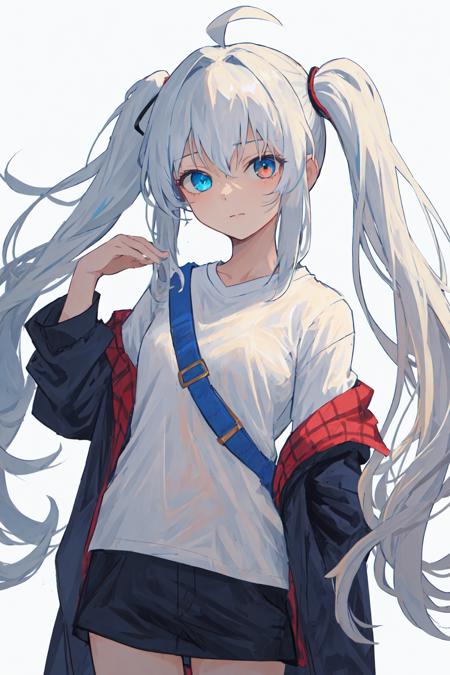 (best quality, masterpiece), 1girl, (female focus), ahoge, white blue hair, ((white shirt), (overfit shrit)), long hair, standing, twintails, [[[mild heterochromia]]], white background