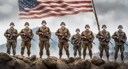 concept art of a group of American soldiers standing on top of a mountain behind the American flag after winning the war Saving Private Ryan Cinematic Film Style
 <lora:Saving Private Ryan Cinematic Film Style:1>
 <lora:PerfectEyesXL:1> <lora:lora6:1>
 <lora:perfect hands:1>
perfect hands, digital artwork, illustrative, painterly, matte painting, highly detailed