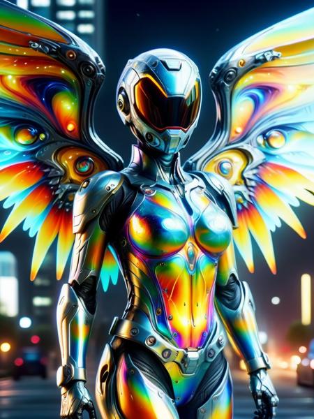 (best quality, masterpiece, colorful, dynamic angle, highest detailed)upper body photo, full body photo, fashion photography of cute mechangel, glowing 4 wings, solo, glowing armor, glowing halo, building, glowing mechanical 4 wings (intricate details, hyperdetailed:1.15), detailed, light passing through hair, (official art, extreme detailed, highest detailed) <lora:ral-oilspill:1> ral-oilspill