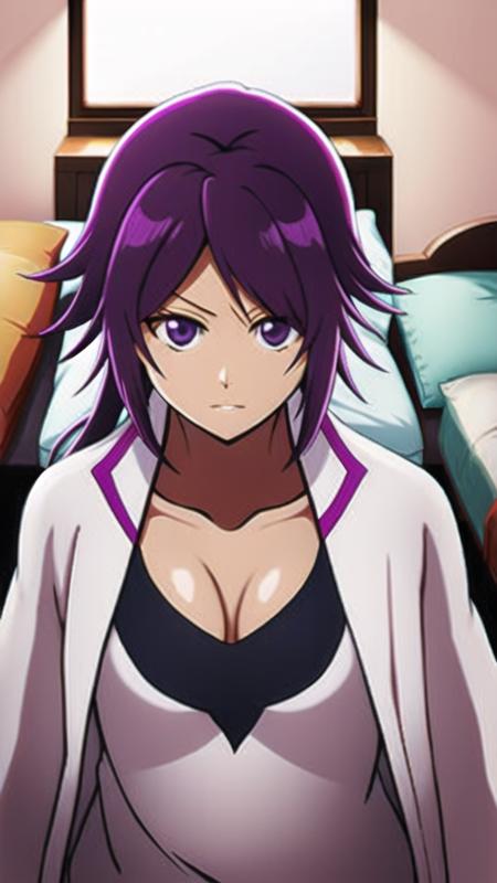 1girl, violet hair, dark skin, purple eyes, shihouin yoruichi,  <lora:Bleach-tybwV1:1>, bedroom,