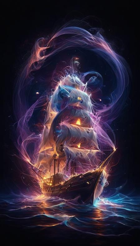 (pirate ghost ship waves:1.4), see through, surrounded by a bright retrowave colors glow, reflections, dark background covered with glowing stars, falling stars colored in a bright purple hue,<lora:- SDXL - vanta-black_contrast_V3.0:1> ,<lora:Elemental_Wisps_SDXL:1> ,<lora:casting shadow style:1> ,<lora:EldritchRomanceIllustration_1.0.5:1>,galaxy colors