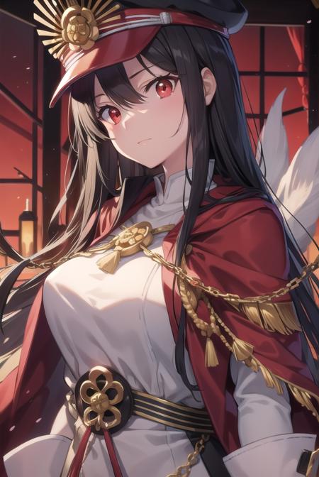 odanobunaga, <lora:odanobunaga-lora-nochekaiser:1>, 
oda nobunaga, black hair, long hair, (red eyes:1.5),
BREAK chain, cloak, family crest, gloves, grey gloves, hat, military, military hat, military uniform, peaked cap, uniform, red cloak,
BREAK looking at viewer,
BREAK outdoors,
BREAK <lyco:GoodHands-beta2:1>, (masterpiece:1.2), best quality, high resolution, unity 8k wallpaper, (illustration:0.8), (beautiful detailed eyes:1.6), extremely detailed face, perfect lighting, extremely detailed CG, (perfect hands, perfect anatomy),