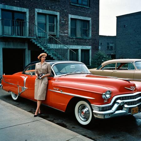 UHD, 4k, ultra detailed, cinematic, a photograph of  <lora:kodachrome xl v1:0.9>
In 1950's a cinematic Kodachrome Technicolor motion picture of a red CADILLAC COUPE car parked in front of a staircase, perfect image, perfect body, perfect anatomy, sharp image, detailed image, Kodak film style, high quality photography, Kodachrome style, Technicolor style, 1950's style, Technicolor Monopack style, 16mm, 8mm, Super 8 movie, 35mm movie style, film color style, cinematic photography style, analog photography style, cinematic film color style, deep color style, different character, different background, different picture, Eastman Kodak style, K-14 process style, Color slide style, film skin tone style, different color, dress, hat, outdoors, black jacket, formal, 3boys, motor vehicle, rain, car, vehicle focus, brown hair, jacket, suit, ground vehicle, Kodachrome color style, side view, 1956 CADILLAC COUPE DEVILLE - SERIES 6237BX style, epic, beautiful lighting, inpsiring