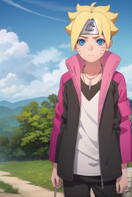 borutouzumaki, <lora:boruto uzumaki-lora-nochekaiser:1>,
boruto uzumaki, short hair, blue eyes, blonde hair, male focus, facial mark, spiked hair, whisker markings, forehead protector,
BREAK shirt, long sleeves, jewelry, jacket, white shirt, open clothes, pants, necklace, open jacket, black jacket, black pants,
BREAK outdoors, forest, nature, trees, grass, sky, clouds, sun,
BREAK looking at viewer, (cowboy shot:1.5),
BREAK <lyco:GoodHands-beta2:1>, (masterpiece:1.2), best quality, high resolution, unity 8k wallpaper, (illustration:0.8), (beautiful detailed eyes:1.6), extremely detailed face, perfect lighting, extremely detailed CG, (perfect hands, perfect anatomy),