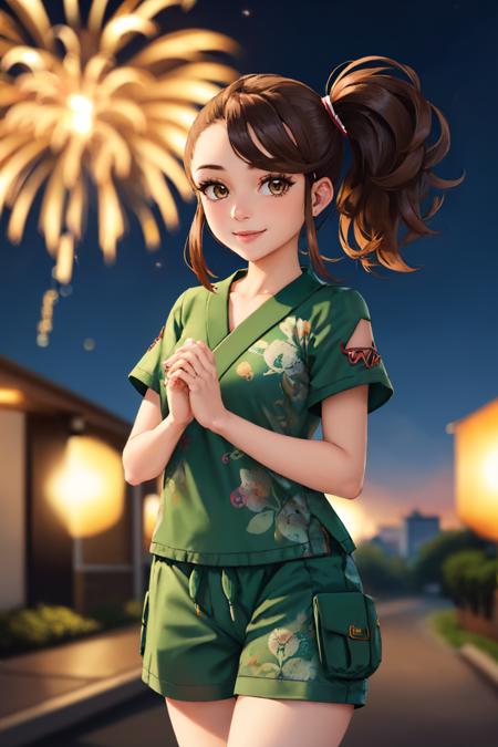 pokemonjuliana single braid, hat, white shirt, orange necktie, short sleeves, orange shorts side ponytail, green shirt, short kimono, short sleeves, green shorts