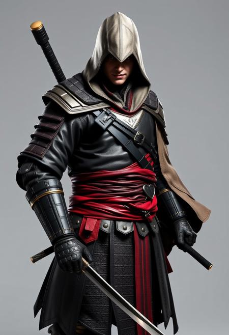 assassin's creed character, japanese samurai costume, leather armor, neutral grey background