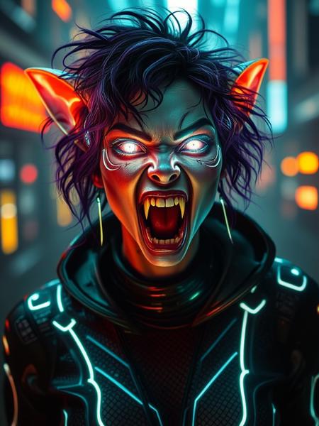 mad-cyberspace, In a doomsday setting, a female kobold human crossbreed wearing cybernetic deranged avant-garde clothing with glowing lines and see through net patches, fashion magazine style photorealistic portrait with a backlit subject. Her cybernetically enhanced eyes glow eerily in the dark. Creepy Fashion Magazine, glitched. Her open mouth reveals long bloody fangs. She mas messy curly dark purple hair.