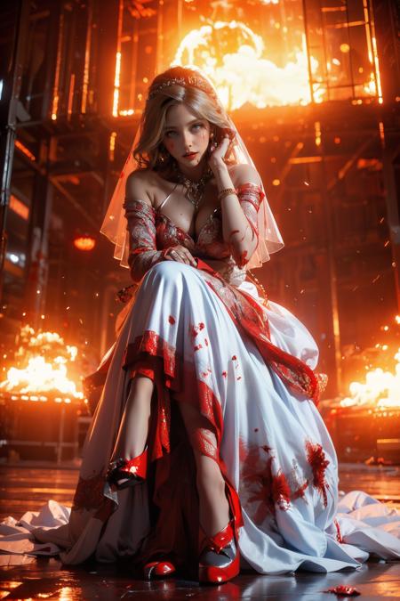 Best quality,masterpiece,ultra high res,1girl,gun,dress,blonde hair,veil,solo,jewelry,blood,necklace,blue eyes,blood on clothes,snow,bridal veil,wedding dress,tree,building,(covered in blood:1.7),<lora:bf1-000008:0.6>,fire,bride,