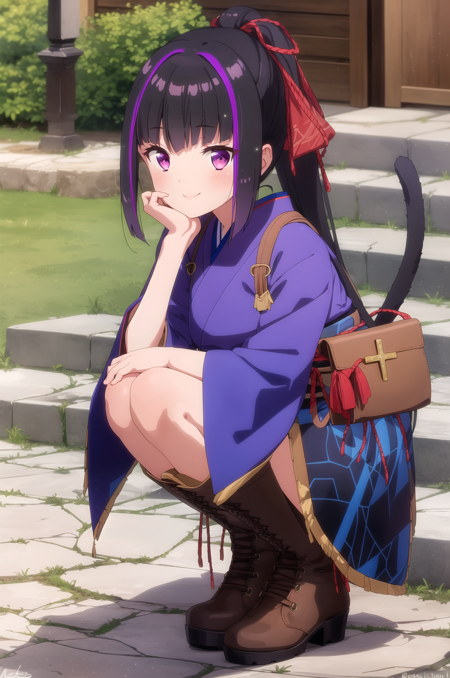 masterpiece, best quality, 1girl, cat, black cat, smile, boots, japanese clothes, wide sleeves, black hair, long hair, squatting, brown footwear, kimono, purple eyes, solo, skirt, ponytail, holding, looking at viewer, bangs, multicolored hair, drinking straw, cup, stairs, long sleeves, hakama, closed mouth, bow, holding cup, hair bow, hakama skirt, very long hair, blush, animal, outdoors, sitting, hand on own face, head rest, hand on own cheek, knee boots, high heel boots, blue kimono, disposable cup, stone stairs, brick wall, purple hair, purple hakama, full body, high heels, blue hair, pleated skirt, two-tone hair, dated, day, light particles, sitting on stairs, drink, twitter username, bag, sunlight, purple kimono, ribbon, breasts, hair intakes, lace-up boots, artist name, stone floor, frills, door, cross-laced footwear, blunt bangs, shiny hair, hair ribbon, blurry, purple bow, hair ornament, blue hakama, sidelocks, signature, cafe, virtual youtuber, blue bow, gradient hair, blurry background, blue skirt, high ponytail