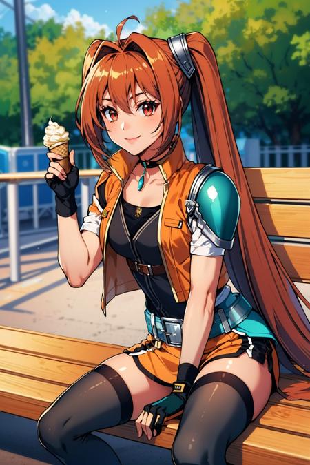 masterpiece, best quality, senEstelle, choker, single pauldron, orange jacket, black gloves, black shirt, miniskirt, green belt, spandex shorts, black thighhighs, orange shoes, sitting on bench, holding ice cream cone, looking at viewer, amusement park, smile, dusk <lora:estelle-nvwls-v2-000009:0.9>