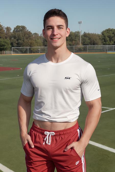 full shot photo of sc_joey  <lora:sc_joey_twink-07:0.5> posing on an athletic field, (wearing an athletic shirt) and track pants, (grin: 0.3)