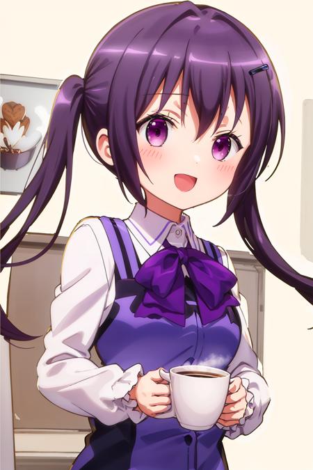 ((((ultra illustrated style:1.0)))),best quality,best animated,masterpiece,,ray tracing, global illumination,1girl, solo,upper body, looking at viewer,cafe, twintails,open mouth,rabbit house uniform,smile, collared shirt, shirt, white shirt, purple vest, purple bow, bow, vest, hair ornament, hairclip, long sleeves, purple bowtie, bowtie, wing collar, buttons, Holding a cup of coffee in hand,