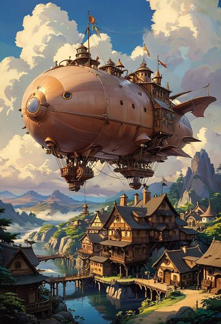 (studio ghibli drawing), (studio ghibli painting),best quality, masterpiece, extremely detailed,  professional  art,  professional painting, an extremely delicate and beautiful, dynamic,  great lighting, perfect shading, professional shading, depth of field,   side soft light, elegant, gorgeous, highly detailed,   full shot, uncropped,   pure genious, absolutely perfect,  highly detailed, breathtaking, steampunk, a giant airship that is also a mobile base, lots of wooden dwellings added onto it,the airhsip is floating above a fantastical and beautiful landscape, early morning