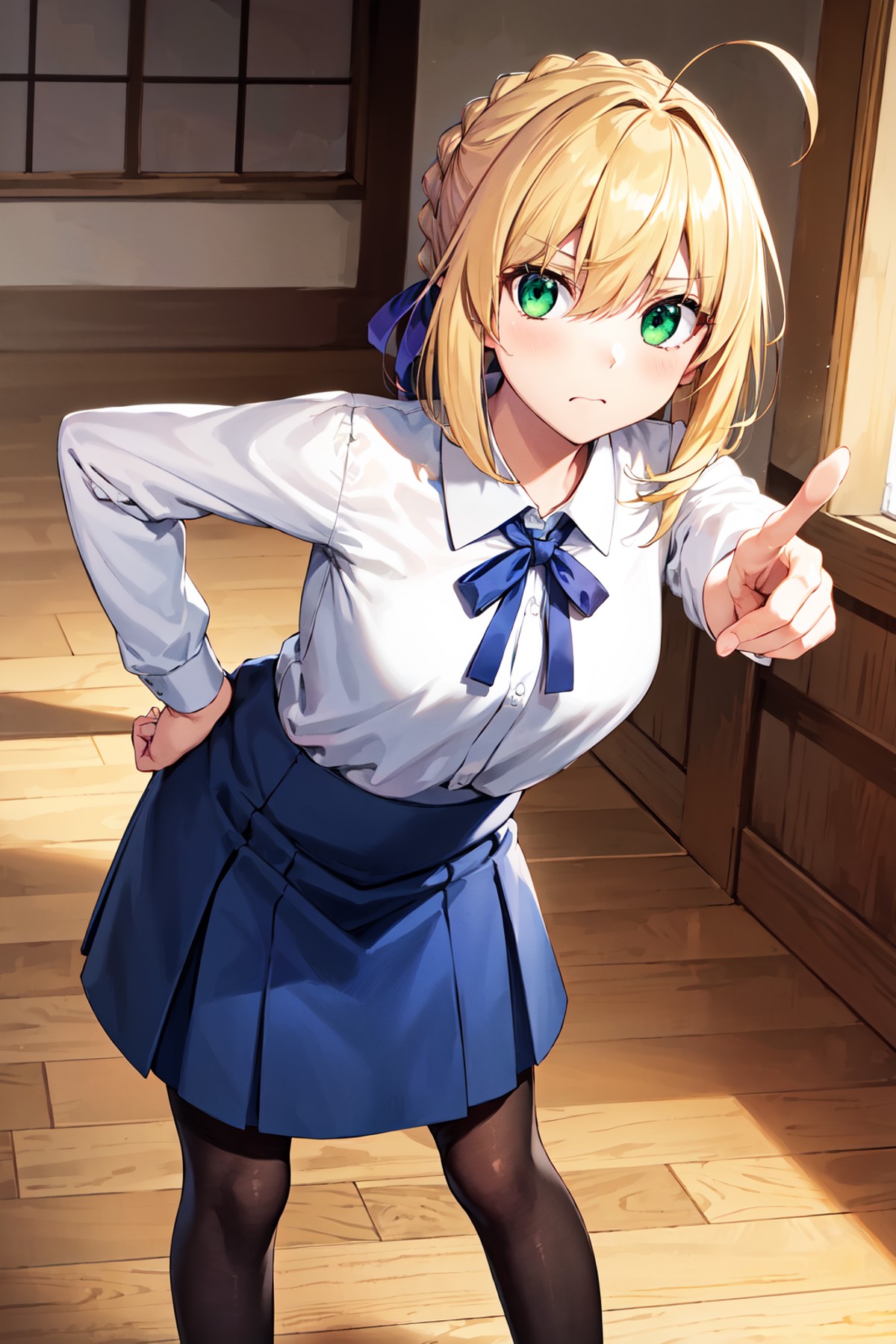 masterpiece, best quality, highres, ccsaber, blonde hair, green eyes, ahoge, white shirt, blue skirt, black pantyhose, <lo...