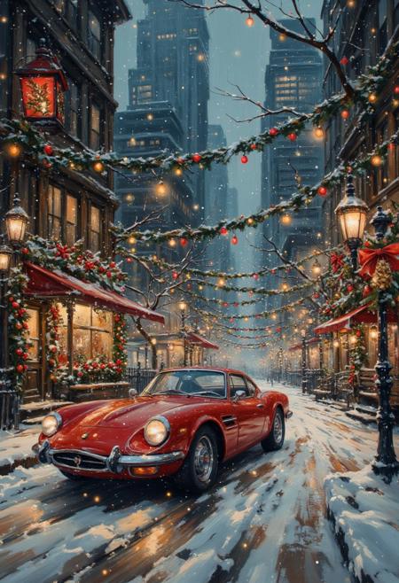 A futuristic city at dusk, evoking nostalgia with a cozy 2000s vibe, is the main subject here. The image, whether a painting or photograph, showcases towering skyscrapers bathing in the soft glow of street lights and twinkling Christmas decorations. An ox blood colored futuristic car is the focal point. Blankets of snow covering the ground. Every detail pops with vibrant colors and intricate design, conveying a sense of warmth and familiarity. The quality of the image is top-notch, capturing the essence of a bygone era with modern sophistication.  aidmavintagechristmaspaper