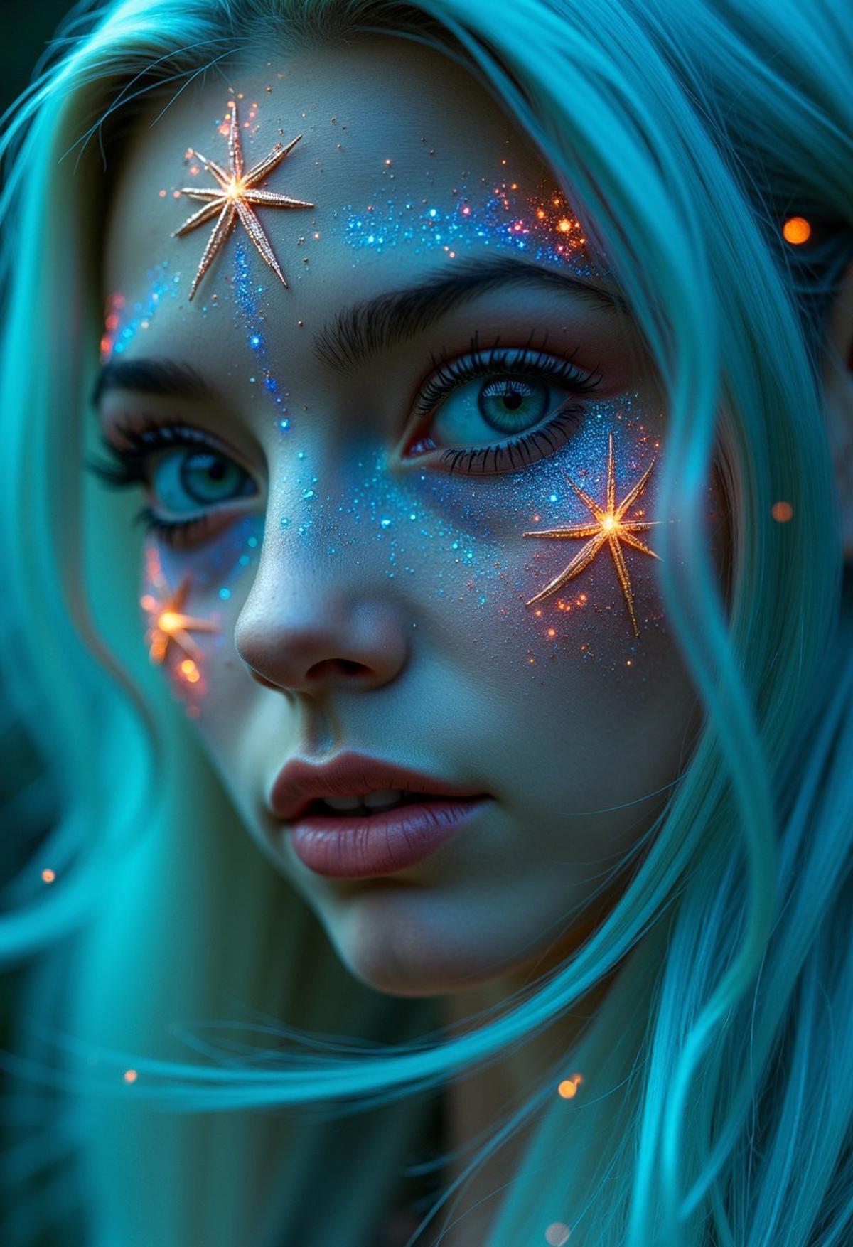 Create a close-up image of a fantasy elf’s face. Her skin glows with a soft, ethereal light and is adorned with neon tattoos that cover her face in intricate patterns. The tattoos emit a magical glow that illuminates her delicate features. Her eyes are large and bright, subtly changing between shades of blue and green, as if holding an ocean within them. Her long, silver hair frames her face, adding a touch of magic to the scene. The background features a starry sky that enhances the dreamy atmosphere , fantasy art