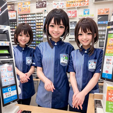 best quality, ultra-detailed, illustration, japanese woman, cute, (shy smile),
shop, employee uniform, convenience store, uniform, shirt, black hair, brown hair, striped shirt, smile, looking at viewer, multiple girls, long hair, striped, indoors, name tag, vertical stripes, vertical-striped shirt, id card, short hair,
 <lora:LAWSON_scenery_SDXL_V2:1>