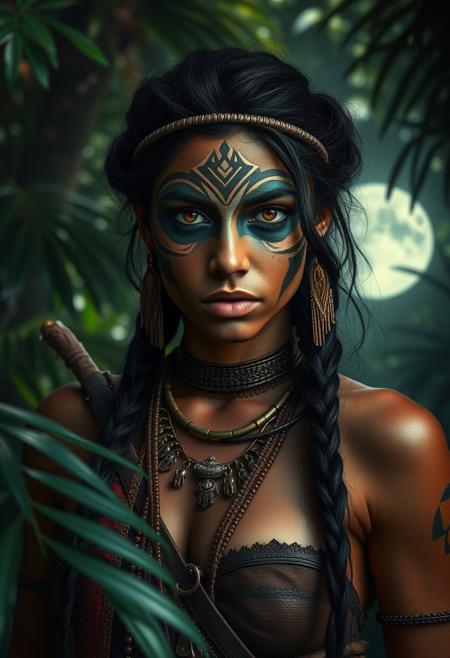 tribal huntress :: intricate face paint, copper jewelry, ebony hair :: moonlit jungle, dappled shadows