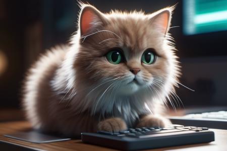 a cute cat hacking a system in the matrix, 3d fluffy, closeup cute and adorable, cute big circular reflective eyes, long fuzzy fur, Pixar render, unreal engine cinematic smooth, intricate detail, cinematic