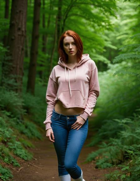 RAW full body analogue photo of a beautiful 25 years old woman, clear focus, high resolution image,,perfect face, sexy pose, wearing dusty rose hoodie with high-waisted jeans and white sneakers, perfect eyes, detailed eyes, detailed iris, realistic skins absolute perfect tits, soft tits, natural tits, ,low light, soft natural light, Rembrandt style light, Hasselblad DLSR camera, 200mm Zeiss lens, f/2.8, ,Sexy pose, erotic pose, exhibitionism ,Enchanted forest