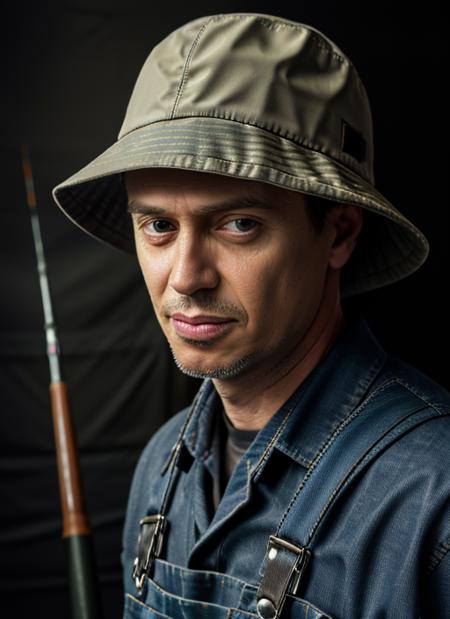 ( <lora:SteveBuscemi:1>) a close up Portrait photo of (sb1) man with short hair, Detailed face, (perfect eyes), (highly detailed skin:1.1), perfect body, wearing a ((Overalls, Bucket Hat, Rubber Waders, Fishing Tackle Bag, Fishing Line Spool)), Modelshoot style, Professional Photography, soft lighting, PHOTOREALISTIC, Realistic, standing in a dark studio background, blurred background, volumetric fog,. RAW, analog style, sharp focus, 8k, HD, DSLR, high quality, Fujifilm XT3, film grain, award winning, masterpiece,