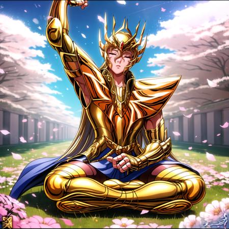 masterpiece, best quality, highres, solo, (close_eyes:1.5), detailed background,fingerless gloves ,<lora:more_details:0.5>, pauldrons ,golden armor, <lora:virgo:0.9> ,cherry blossoms, outdoors,sitting, field,(gold armor:1.5),shoulder armor,(ultra detailed:1.0),(RAW photo:1.0), HDR, photography, Kodak Portra 400, film grain, blurry background, vibrant color,focused face, detailed face,symmetric eyes, visible lips,crossed legs,arm up