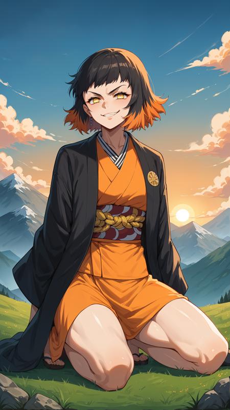 pale skin gray skin short hair black hair orange hair multicolored hair two-tone hair yellow eyes japanese clothes orange kimono black haori black coat