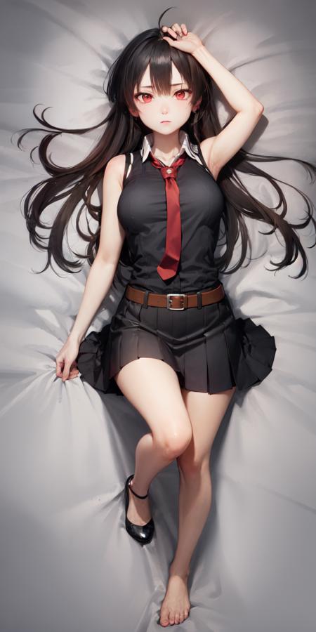 (masterpiece, best quality:1.2), <lora:agk_akame-10:0.8>, full body, from above, solo, 1girl, akame \(akame ga kill!\), expressionless, looking at viewer, lying, on back, black collared shirt, red necktie, sleeveless, skirt