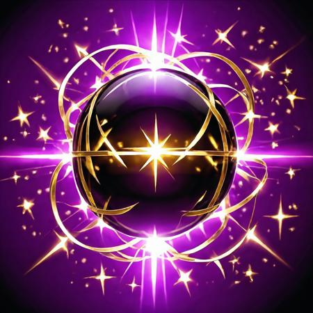 Black to purpure gradient background, purpure electric transparent sphere made of ribbons lightning centered, close-up, golden stars, magic, casting spell