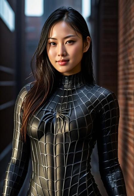 score_9, score_8_up, score_7_up, best quality, realistic, masterpiece, beautiful detail, hyperrealistic, woman ((1girl, woman body, big breasts)), amazing detailed full body portrait of a beautiful japanese girl, wearing a realistic and highly detailed black raimi spider-man suit, ((huge muscular girl)), professional model wears ultra - detailed black raimi spider - man suit, ultra - detailed and grained black raimi spiderman suit, suit covered entire body and hand, black spiderman gloves, wet, (light smile, action pose), (full body), (dirty skin), close up, octane render, highly detailed, volumetric, dramatic lighting, (highest quality:1.1), (HDR:1.3), (top quality, best quality), realistic, high definition,