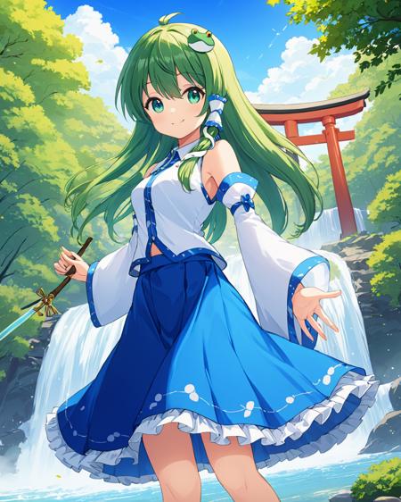 kochiya sanae,1girl, frog_hair_ornament, waterfall, solo, detached_sleeves, torii, snake_hair_ornament, smile, blue_skirt, hair_tubes, looking_at_viewer, tree, gohei, day, blue_sky, outdoors, medium_breasts, long_skirt, wide_sleeves, white_shirt, branch, holding, frilled_skirt, leaf, sleeveless_shirt, bare_shoulders, cloud
<lora:kochiya_sanae_image8584_2023-12-17:1>,star-shaped_pupils,symbol-shaped_pupils,. gorgeous,key visual, vibrant, studio anime,award-winning, professional, highly detailed,high budget, cinemascope