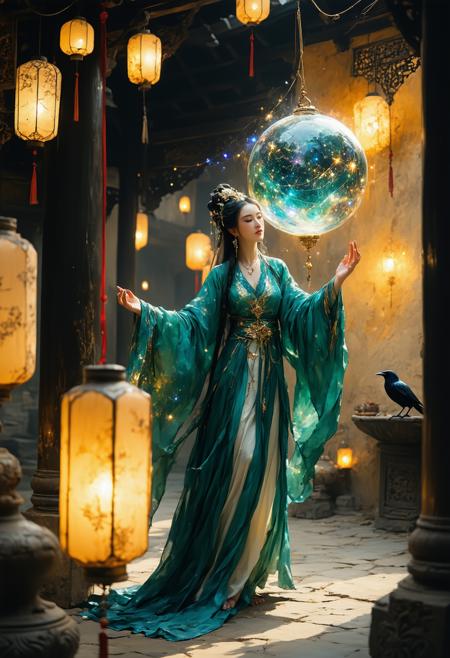 A bewitching merchant, draped in iridescent silken robes adorned with intricate gold filigree, levitates a pulsating celestial orb within a twilight bazaar stall. Low-angle perspective amplifies her towering presence against a backdrop of floating paper lanterns casting honey-gold light, their glow mingling with the orb’s sapphire radiance. Art Nouveau intricacy (Alphonse Mucha) merges with Miyazaki’s whimsy: swirling constellations inside the orb refract into prismatic shards, illuminating her hypnotic gaze and the stall’s weathered carvings. Dappled shadows deepen emerald velvet drapes; cinnamon-scented mist clings to jade trinkets. A shadowed raven watches, one wing dipped in starlight.