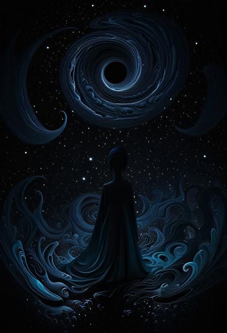 A hauntingly immersive feeling of aetheric melancholy swirls in depths of a cosmic void, where shadows converge in a symphony of obsidian hues. The main subject is a mysterious figure shrouded in darkness, exuding an aura of profound sorrow and enigmatic allure. This digital painting evokes a sense of otherworldly beauty, rendered with intricate details and rich textures that seem almost palpable. The transcendent quality of the image transports viewers to a realm of profound introspection and mystery.