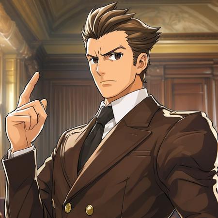 score_9, score_8_up, score_7_up, style of Ace Attorney, 1man, muscular, tall, broad shoulders, short smoothed brown hair, wearing a black double breasted suit, facing viewer, point to the distance, masterpiece, detailed,