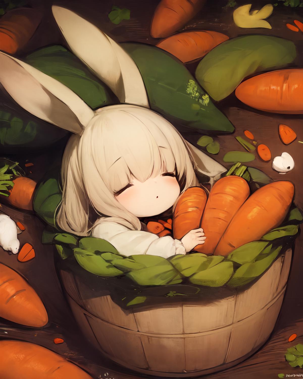 A cute illustration of a little girl laying in a basket full of carrots.