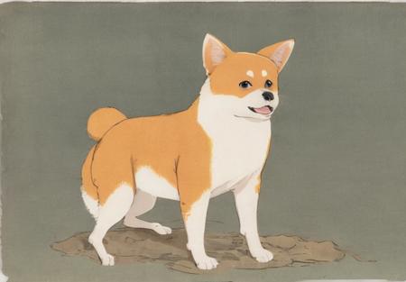 a shibainu stand on dirt,<lora:ukiyo-e3-000008:1>