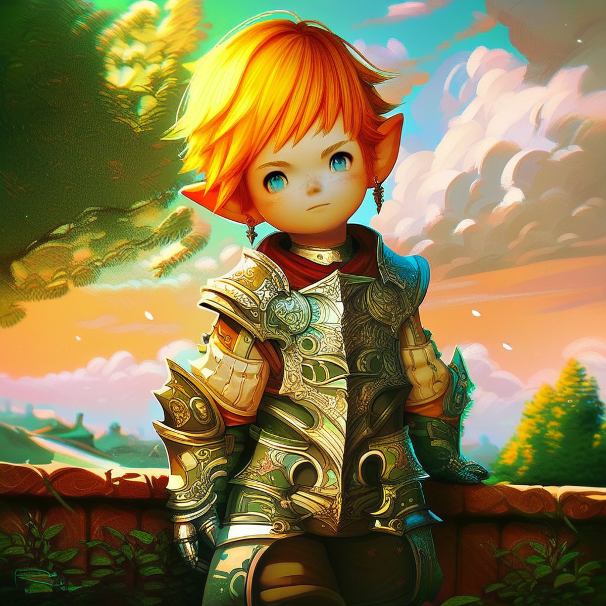 1boy, LalaTater, armor, blue eyes, cloud, day, earrings, fantasy, jewelry, looking at viewer, male focus, orange hair, out...