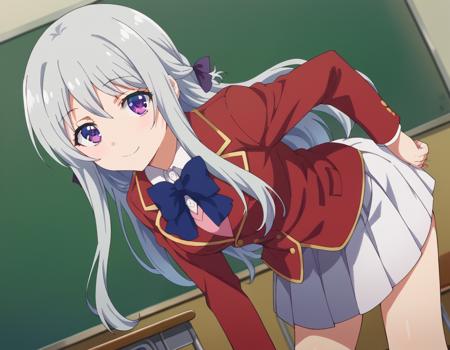 hiyori shiina, long hair, bangs, purple eyes, hair ribbon, grey hair, skirt, shirt, long sleeves, bow, ribbon, school uniform, jacket, pleated skirt, bowtie, blue bow, blazer, white skirt, red jacket,