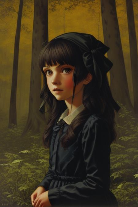 <lora:lostgirls:1>, lostgirls, a painting of woman in a scary forest