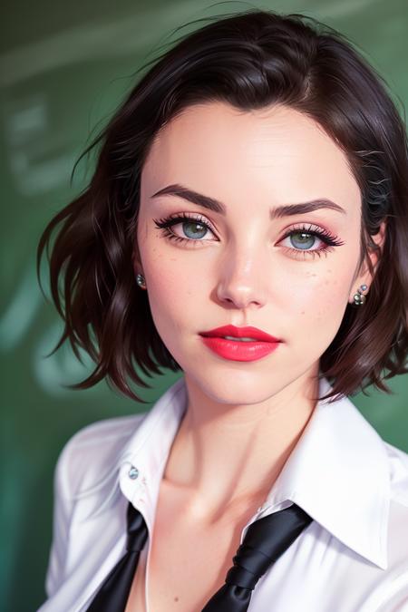 photo of a woman, franreale-3132:0.99,((beautiful black hair, short hair):1.2) ((necktie, white shirt)),  (closeup, portrait),((chalkboard, classroom):1.1),((red lipstick,heavy eyeliner, heavy eye shadow, blush):1.2), ((best quality, masterpiece, extreme details, high resolution):1.2),((detailed eyes, beautiful eyes, detailed face, beautiful face):1.2)