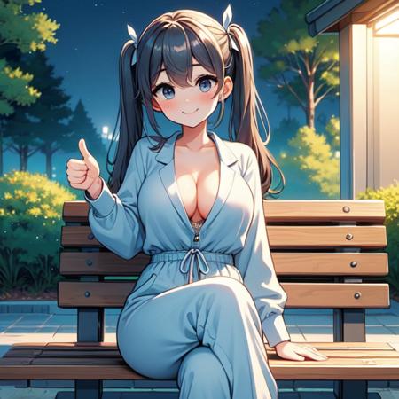 (((park bench))), ((public toilet entrance with restroom sign)), ((sitting cross-legged)), ((half unzipped)), deep-v light blue jumpsuit onesie, pants, thumbs up, seductive smile, drool, trees, outdoor, greenery,