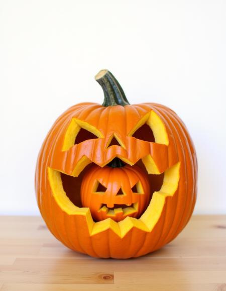 Carved pumpkin eating another carved pumpkin, on a table, white  background,