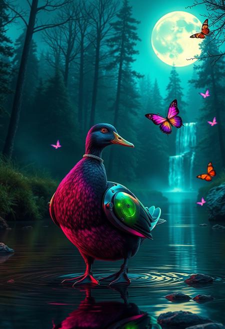 Against a backdrop of moon-lit enchanted forest,a biomechanical duck stands out in stark contrast. Vibrant hues of electric purple and neon green adorn its mechanical limbs,while its colorful feathers shimmer with iridescent sheen. As it crosses the shallow river,the duck's gaze is fixed on the distant waterfall,its gemstone eyes sparkling. some colourful butterflys flying around, The natural landscape provides a dramatic frame for this forest,bathed in the glow of moon,vibrant colors,backlight,high contrast,ultra realistic,dof,(subsurface scattering),fog. Steampunk,