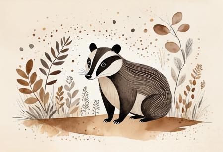 A simple children's book illustration of badger in the style of Mary Blair, collage of textures and patterns in brown tones on a cream paper background, a simple hand drawn doodle, minimalism, a watercolor drawing