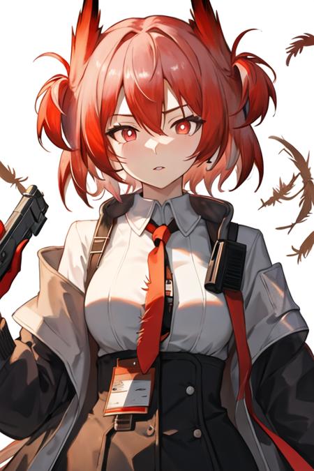 best quality, masterpiece, highres, solo, {fiammetta_arknights:1.15}, red_hair, red_eyes, short_hair, animal_ears, necktie, red_necktie, bird_ears, upper_body, hair_between_eyes, breasts, closed_mouth, feather_hair, 1girl, black_jacket, gun, holding_gun, holding_weapon, jacket, looking_at_viewer, open_clothes, open_jacket, shirt, weapon, white_shirt, collared_shirt, holding, bangs, parted_lips, walkie-talkie