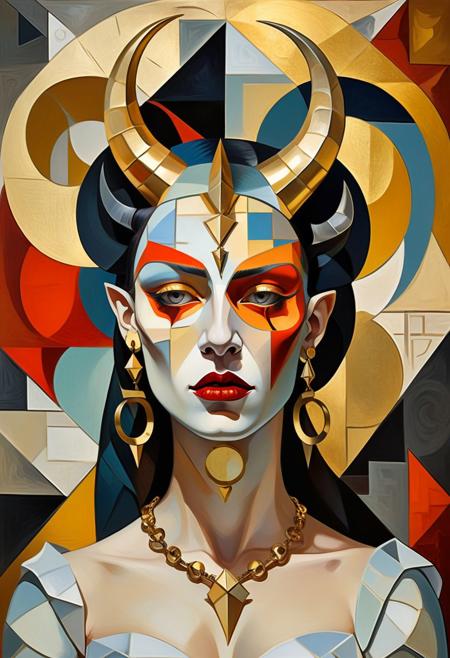 1 female demon, mysteriously looking at the camera, horns on her head, gold earrings in her ears, hell in the background,
Cubism, picasso, futurism, evocative image, a masterpiece of surrealism mixed with modern art illustration